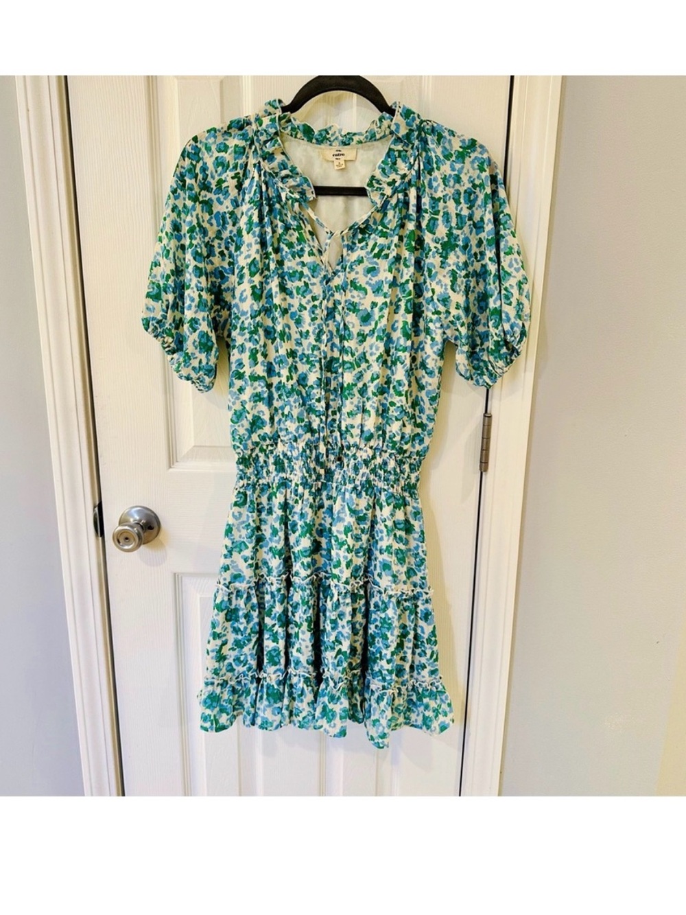 Anthropologie Floral Mini Dress in Teal and White